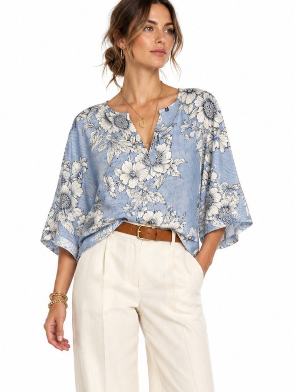 Cabi Blouse Blue Floral Dolman Sleeves #5387